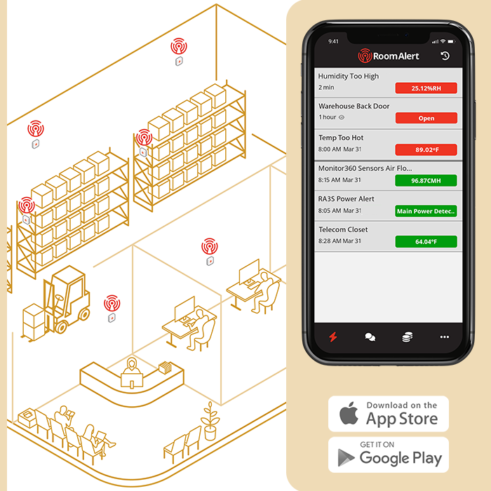 Room Alert mobile app interface displaying live temperature, humidity, and environmental conditions from multiple facility locations, enabling managers to monitor worker safety and building health on the go.