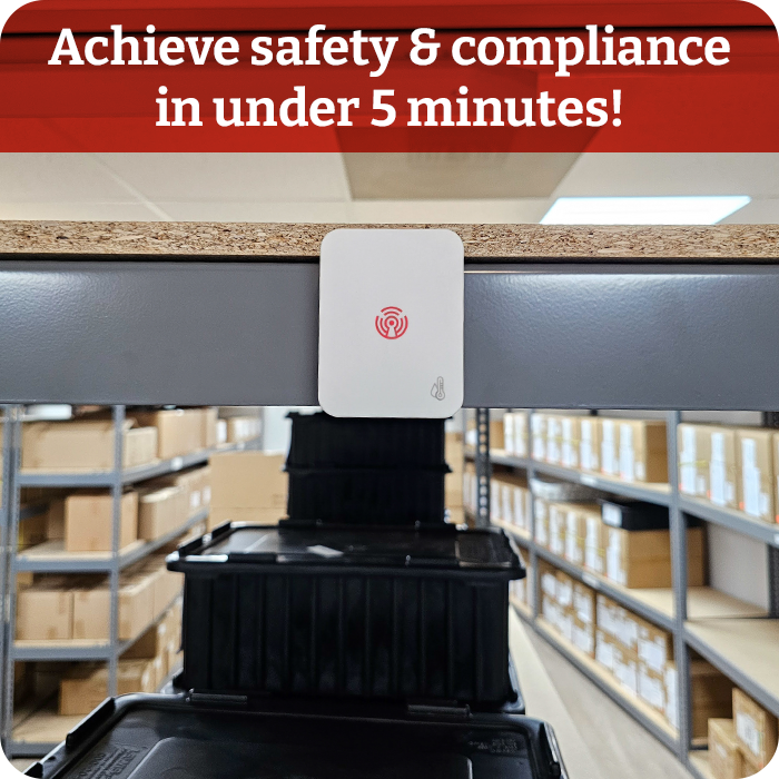 Room Alert MAX Temperature & Humidity Sensor quickly mounted on a warehouse shelf in under five minutes to provide fast, reliable environmental monitoring.