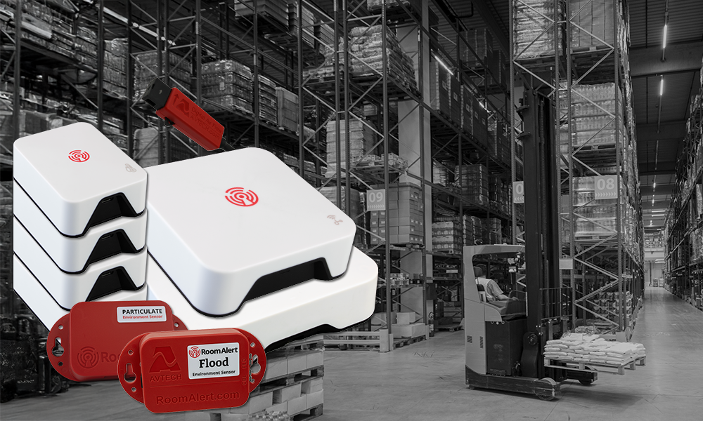 Room Alert MAX Warehouse Monitor installed in a large warehouse to track temperature, humidity, and environmental conditions for facility safety and efficiency.